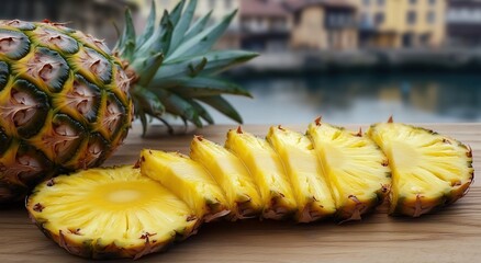 Pineapple sliced in the style of Rhode Island style, cut into slices on a wooden table.