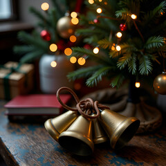 Charming golden bells set against a cozy decorated christmas tree with warm lights and gifts, photograph of still life concept.