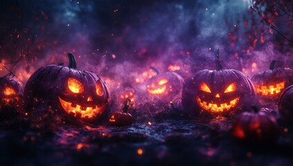 Spooky Jack-o'-Lanterns in a Foggy Forest