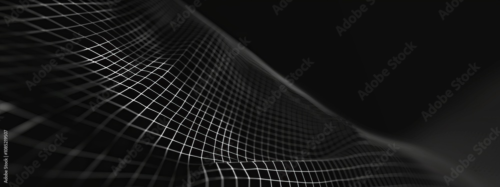 Poster Black Background with Grid Lines and Dots, Banner Template with White Space for Text. Abstract Minimalist Wallpaper with Copy Space on Black Background. Stylish Modern Wallpaper.