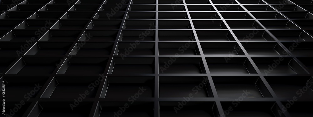 Poster Black Background with Grid Lines and Dots, Banner Template with White Space for Text. Abstract Minimalist Wallpaper with Copy Space on Black Background. Stylish Modern Wallpaper.