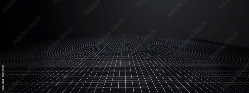 Poster Black Background with Grid Lines and Shapes, Banner Template with White Space for Text. Abstract Minimalist Wallpaper with Copy Space on Black Background. Simple Modern Wallpaper.
