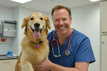 Smiling Veterinarian with Golden Retriever in Clinic Setting Highlighting Professional Pet Care and Happy Animal Bonding