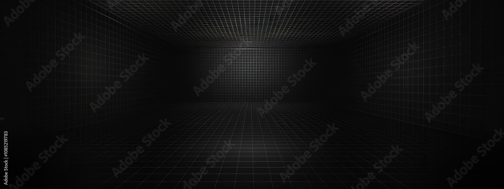 Poster Black Background with Grid Lines and Shapes, Banner Template with White Space for Text. Abstract Minimalist Wallpaper with Copy Space on Black Background. Simple Modern Wallpaper.