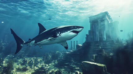 Fototapeta premium Majestic Shark Swimming Amidst Ancient Ruined City Underwater