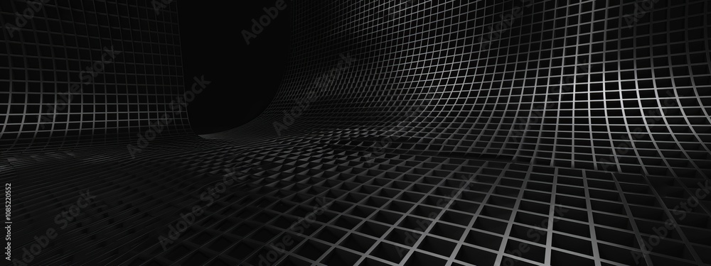 Poster Minimalist abstract geometric wallpaper featuring a grid pattern on a black background. Banner template with white space for text, perfect for modern and professional design uses.