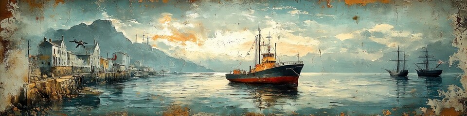 Obraz premium A painting of a fishing boat in a harbor, with mountains in the background.