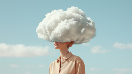 Imagination and fantasy of fluffy cloud cover on woman head in blue sky fashion