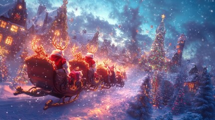 A magical winter scene with Santa's sleigh flying over a snow-covered village, glowing lights, and festive decorations in a whimsical, enchanted atmosphere.
