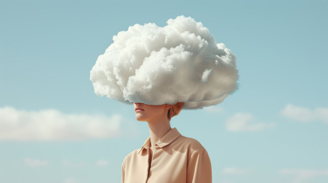 Imagination and fantasy of fluffy cloud cover on woman head in blue sky fashion