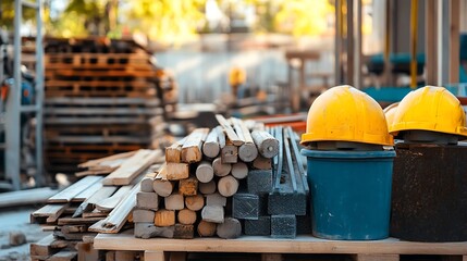 Fototapeta premium Construction site with wood, metal, and yellow hard hats in buckets.