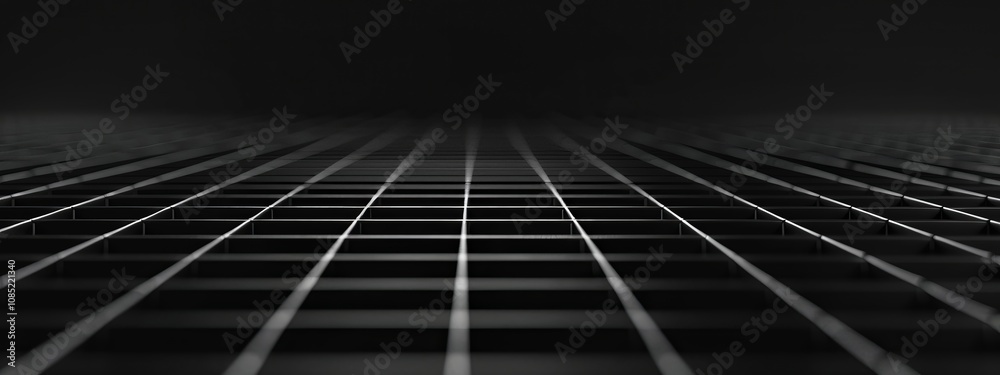 Poster Minimalist grid pattern wallpaper on a black background. Banner template with white space for text, suitable for modern and professional design applications.
