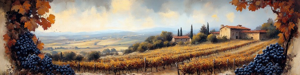 Fototapeta premium A picturesque landscape with a vineyard in the foreground, a farmhouse nestled among the trees, and rolling hills in the distance.