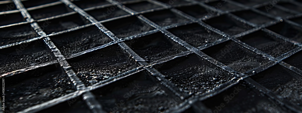 Aufkleber Grid Patterns and Circles on Black Background with White Center Space for Text. Clean and Modern Design for Banners, Templates, and Minimalist Wallpapers.