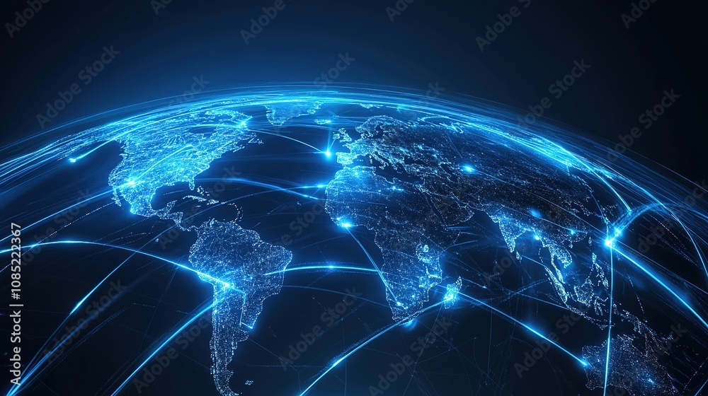 Poster stunning global network connectivity visualization with illuminated continents and dynamic light pat