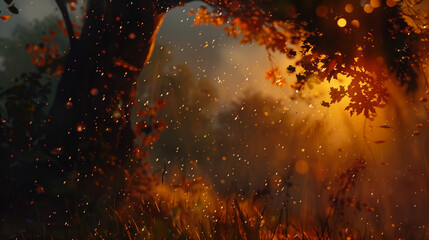 Enchanted autumn forest golden light magical leaves falling dreamy whimsical evening nature background bushfire wind ambers fire banner copy space backdrop