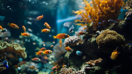 Naklejka premium Close-up view of vibrant tropical fish and corals in a well-lit aquarium, showcasing underwater beauty