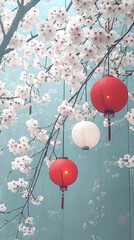 Vibrant Red Lanterns Amidst Blossoming Spring Flowers