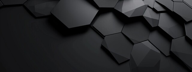 Black Background with Hexagonal Pattern for Design, Featuring White Space in the Center for Text. Ideal for Banner Templates and Digital Projects. Abstract Minimalist Wallpaper.