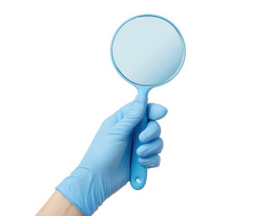 Doctor's hands in gloves holding doctor's equipment with white background.