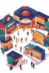 Naklejka premium Isometric view of bustling food court, diverse shops.
