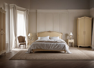 camera da letto con armadi e letto, poltroncina e finestra