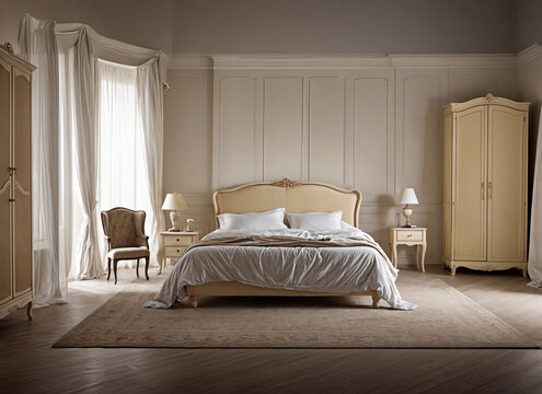 camera da letto con armadi e letto, poltroncina e finestra