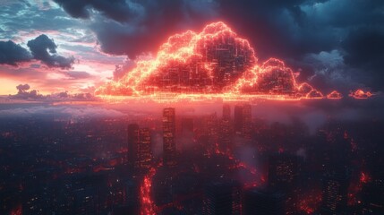Obraz premium Glowing red cloud over futuristic city at sunset.