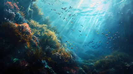 Obraz premium Dynamic Coral Reef Ecosystem with Colorful Marine Life in Crystal Clear Ocean