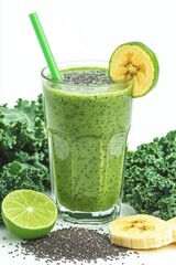 Fototapeta premium Green smoothie, kale, banana, lime, chia seeds.
