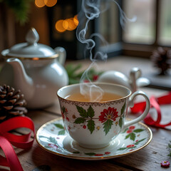 Fototapeta premium A cozy winter tea experience with steam rising from a floral cup and a teapot in a festive setting, photography of still life concept.