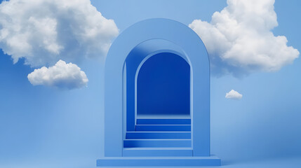 3d render, abstract blue background. White clouds flying inside the blue room with arch portal and steps. Minimalist wallpaper