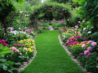 A vibrant garden pathway adorned with colorful flowers and lush greenery, inviting you to explore nature's beauty.