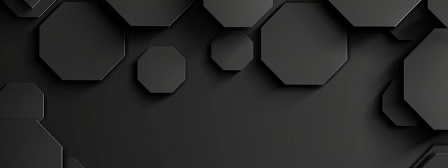 Intersecting hexagons on a black background, minimalist design banner template with white space for text. Suitable for tech-oriented and modern presentations, websites, and digital designs.