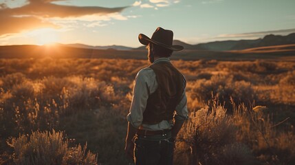 Lone Cowboy in Wild West Scenery at Sunset, Natural Desert Landscape
