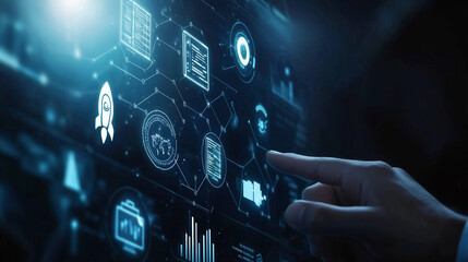 A hand interacts with a futuristic digital display showing various data visualizations, charts and a rocket launch icon