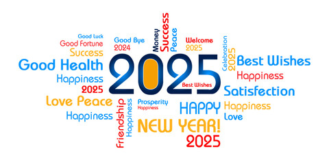 Obraz premium Best wishes 2025 Happy New Year typography on white background. New year Eve 2025 celebration background