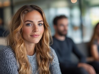 Fototapeta premium A woman with long hair sits in a modern setting, exuding confidence and warmth, surrounded by other individuals.