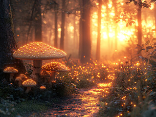  a serene forest scene at sunset, with a path leading towards a group of glowing mushrooms.