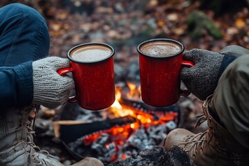 A bonfire burns brightly in the forest, creating a warm glow. Two people hold cups of aromatic tea in front of the fire. The scene radiates a cozy and calm atmosphere surrounded by the beauty of natur