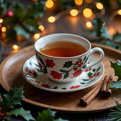 Fototapeta premium Cozy cup of tea surrounded by festive decor on a rustic wooden table, photograph of still life concept.