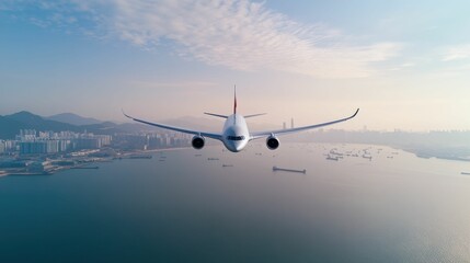 Naklejka premium A large white airplane is flying over a city and a body of water