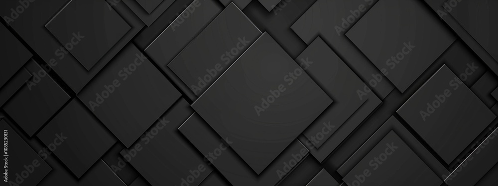 Aufkleber Simple geometric pattern with intersecting squares and lines on black background. Featuring white space in the center for text, ideal for design templates and modern banners.
