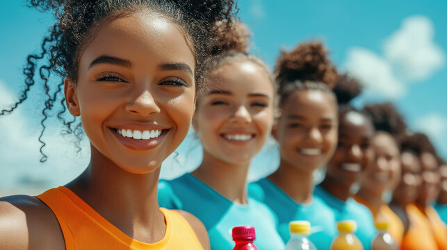 Happy Female Soccer Players Hydrating in Sunshine