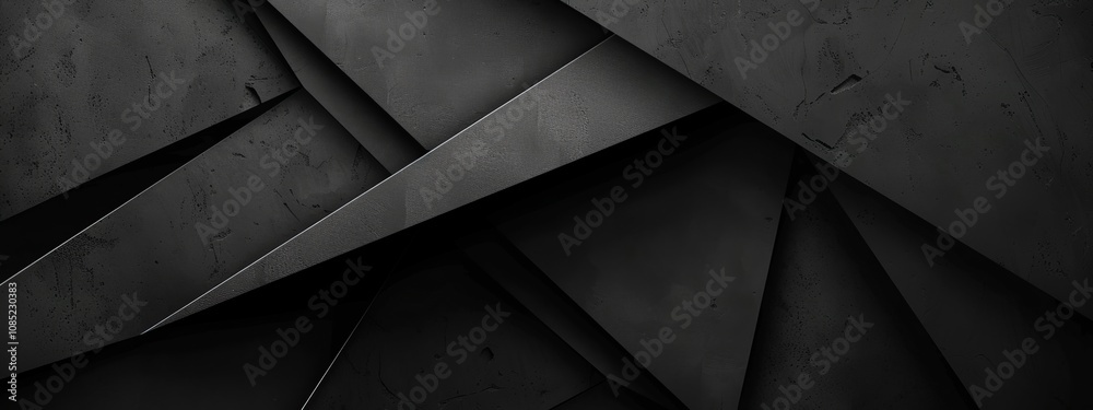 Poster intersecting triangles on a black background, minimalist design banner template with white space for