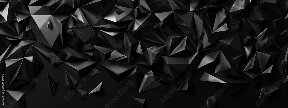 Poster Abstract minimalist wallpaper with intricate angular shapes on black background. Ideal for modern design and banner templates with copy space in the center for text.
