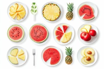 Watermelon, pineapple, and apple slices on plates.