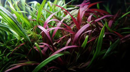 Fototapeta premium Vibrant Crimson and Green Aquatic Plants Underwater