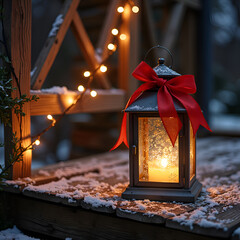 A charming lantern adorned with a red bow illuminates a snowy evening in a cozy outdoor setting, photography of still life concept.