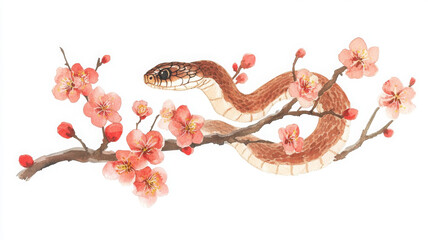 Obraz premium watercolor illustration of snake entwined in branch of cherry blossoms, showcasing vibrant colors and intricate details. serene composition evokes sense of nature beauty and harmony